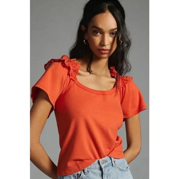 Anthropologie Tops - Anthropologie Pilcro Eyelet Ruffle Top Bright Red Size XXS NWT